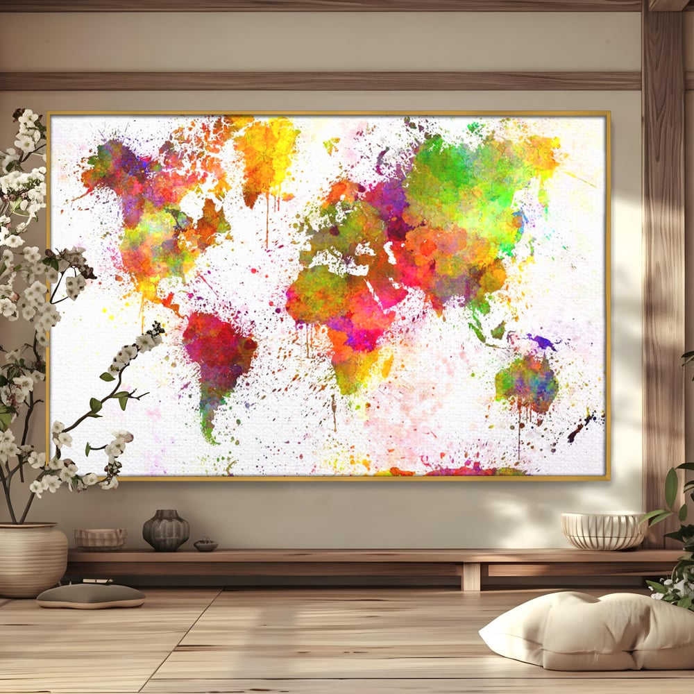 Tablou canvas cu tablou canvas cu harta lumii pictata, in rama de aluminiu auriu
